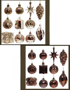 Detail of assorted electroplated Christmas ornaments in champagne gold and coffee brown
