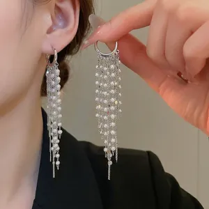 Long Tassel Hoop Earrings 18K Gold Plated Copper With Imitation Artificial Pearl Metal Discs Elegant Fashion For Women
