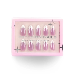Pink French press-on nails in almond shape displayed in a premium transparent box