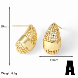 Detail view of teardrop gold earrings with mesh texture and measurements 19mm by 11mm