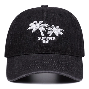 Washed cotton baseball cap in black with white palm tree embroidery and Summer text
