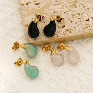 Minimalist teardrop earrings in black, teal, and cream with gold-plated stainless steel base