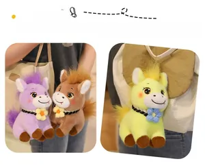 Plush pony keychains in purple brown and yellow with cute woven floral collars