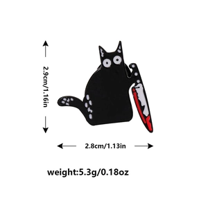 Detailed dimensions of a cute black cat enamel pin holding a knife on a white background