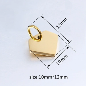 Macro view of a 10mm by 12mm golden pentagon metal pendant with polished finish