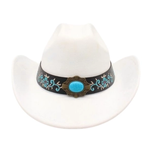 Detailed close-up of white felt cowboy hat with turquoise floral embroidered belt buckle