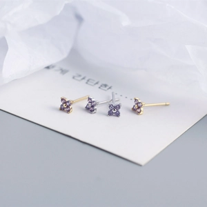 Elegant S925 silver four-leaf flower stud earrings with purple zircons in gold and silver