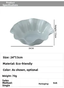 Detail view of a 24cm light blue ruffle edge fruit bowl showing exact product dimensions