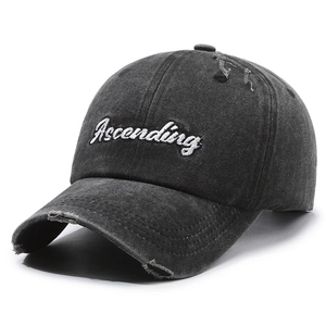 Distressed washed denim baseball cap with Ascending embroidery and ripped detailing