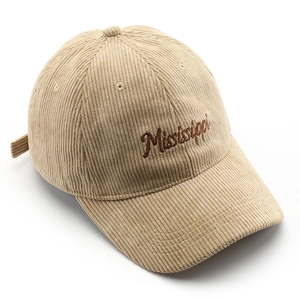 Beige corduroy baseball cap with brown Mississippi embroidery on a white background