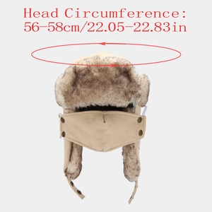 Winter trapper hat with mask detail showing 56-58cm head circumference measurements
