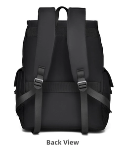 Detailed back view of a black multi-functional backpack with luggage strap and padded straps