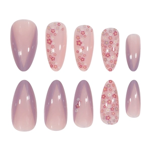 Kurze Mandel-Kunstnägel mit lila French-Farbverlauf und Blumenmuster 24er-Set