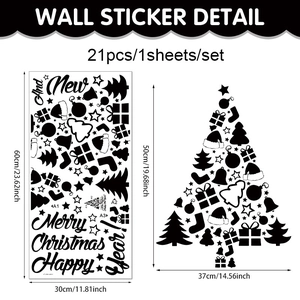 Detailed dimensions of 60x30cm Merry Christmas wall decals set with 21 black PVC stickers