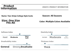 Detail chart showing size, softness and elasticity for striped college style socks