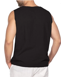 Back view of men's casual black cotton linen sleeveless shirt with textured fabric
