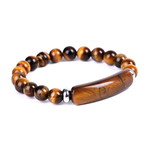 Bracelet en perles d'œil de tigre naturel avec pièce centrale rectangulaire et argent