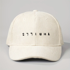 Vintage cream corduroy baseball cap featuring black upside-down THRILLS embroidery