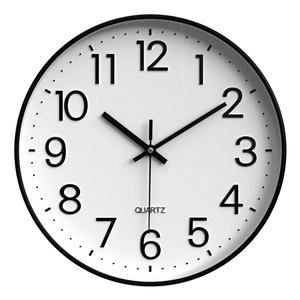 Modern minimalist 30cm round silent wall clock with black frame and white quartz dial