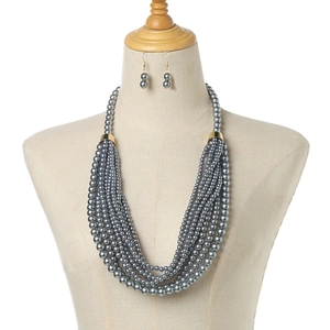 Detail of multi-strand silver-grey pearl necklace and matching earrings on a mannequin