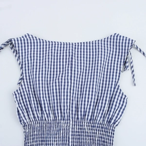 Blue plaid off-shoulder smocked dress for women with adjustable shoulder tie details