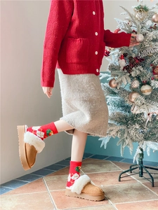 Cozy winter style featuring thick red Christmas socks with brown faux fur lined slippers