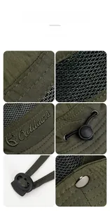 Detail of outdoor sun hat featuring breathable mesh, embroidered logo, and adjustable chin strap