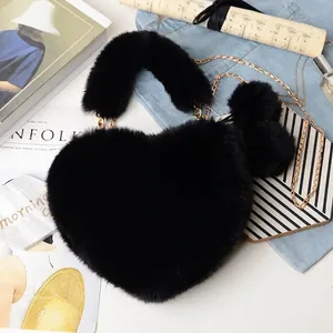 Detailed view of heart-shaped faux fur handbag with gold chain and plush keychain