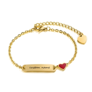 Minimalist Stainless Steel Bracelet With Red Enamel Heart And Polished Bar Charm 18K Gold Plated Adjustable Chain For Women