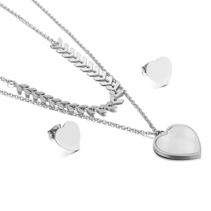 Double-layered wheat chain necklace with heart pendant and shell inlay matching earrings
