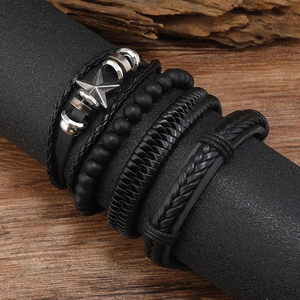 Black leather and beaded multi-layer bracelet set for men with silver star charm
