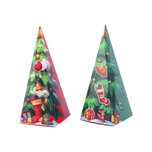 Christmas pyramid gift boxes in red and green with festive cartoon trees and bells