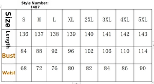 Tableau des tailles pour robe longue à col en V avec mesures de longueur, buste et taille