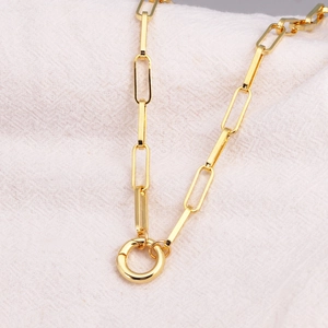Detail of gold-plated paperclip chain necklace with a circular spring clasp closure