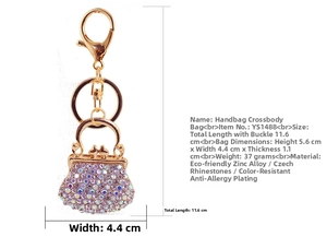 Detail view of rhinestone handbag keychain with dimensions 11.6cm length and zinc alloy build