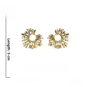 Detailed view of iridescent rhinestone sunflower earrings with S925 silver needles