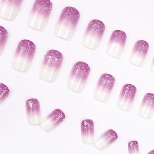 Short square purple gradient press-on nails with sparkling silver glitter and glossy finish