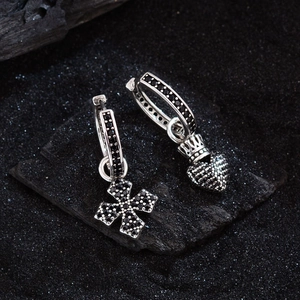 Gothic Asymmetric Copper Earrings Black Zirconia Inlaid Heart Crown Cross Pendant Hip Hop Punk Jewelry For Women