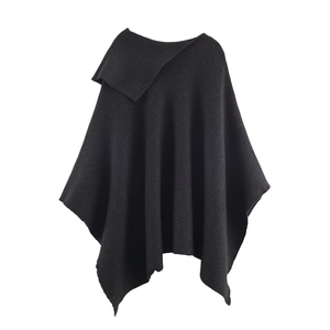 Dames Korte Asymmetrische Gebreide Poncho Jas Rits Revers Cape Sjaal Elegant Effen Bovenkleding