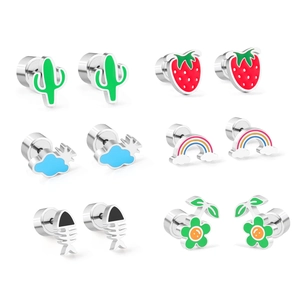 6 pairs of colorful cartoon stainless steel stud earrings including cactus and rainbow designs