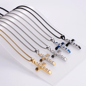 Mens stainless steel hip hop cross pendant necklaces in gold silver and black colors