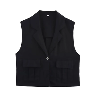 Gilet Sans Manches À Revers Et Pantalon Large En Mélange De Lin Décontracté Chic Couleur Unie Femme