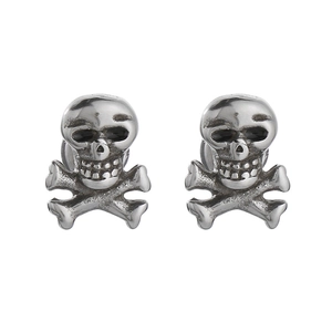 Gothic punk skull stud earrings with crystal accents in polished silver stainless steel