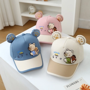 Kids Cartoon Baseball Cap With Dimensional Bear Ears And Embroidery Adjustable Cotton Blend Sun Hat For Toddlers