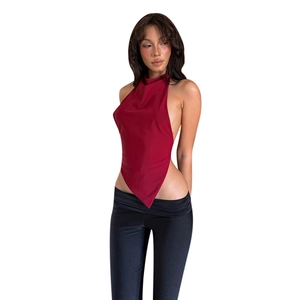 Sexy dark red halter neck backless top paired with black slim fit pants for women