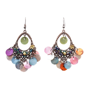 Bohemian teardrop earrings in bronze metal with colorful shell inlay and beads