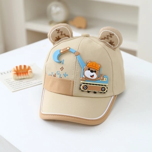 Detail of khaki toddler baseball cap with cute 3D plush ears and bear embroidery