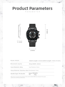Detailed technical diagram of men's quartz watch with dimensions and mesh band specs