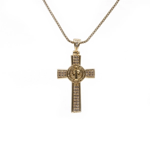 Gold plated St. Benedict cross pendant with sparkling zircons on a square box chain