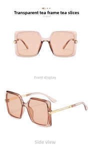 Front and 45-degree side views of tea-colored square sunglasses with gold metal accents